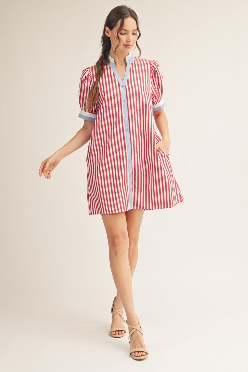 Gwendolyn Stripe Shift Dress — Women's Red & White Striped Button Front Dress
