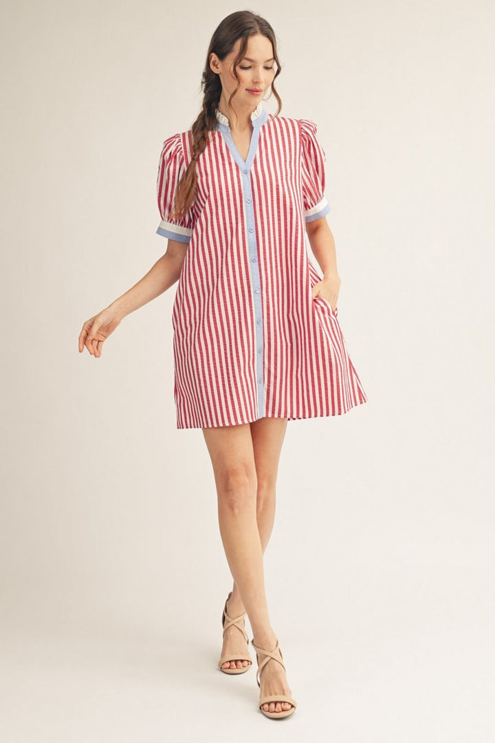 Gwendolyn Stripe Shift Dress — Women's Red & White Striped Button Front Dress