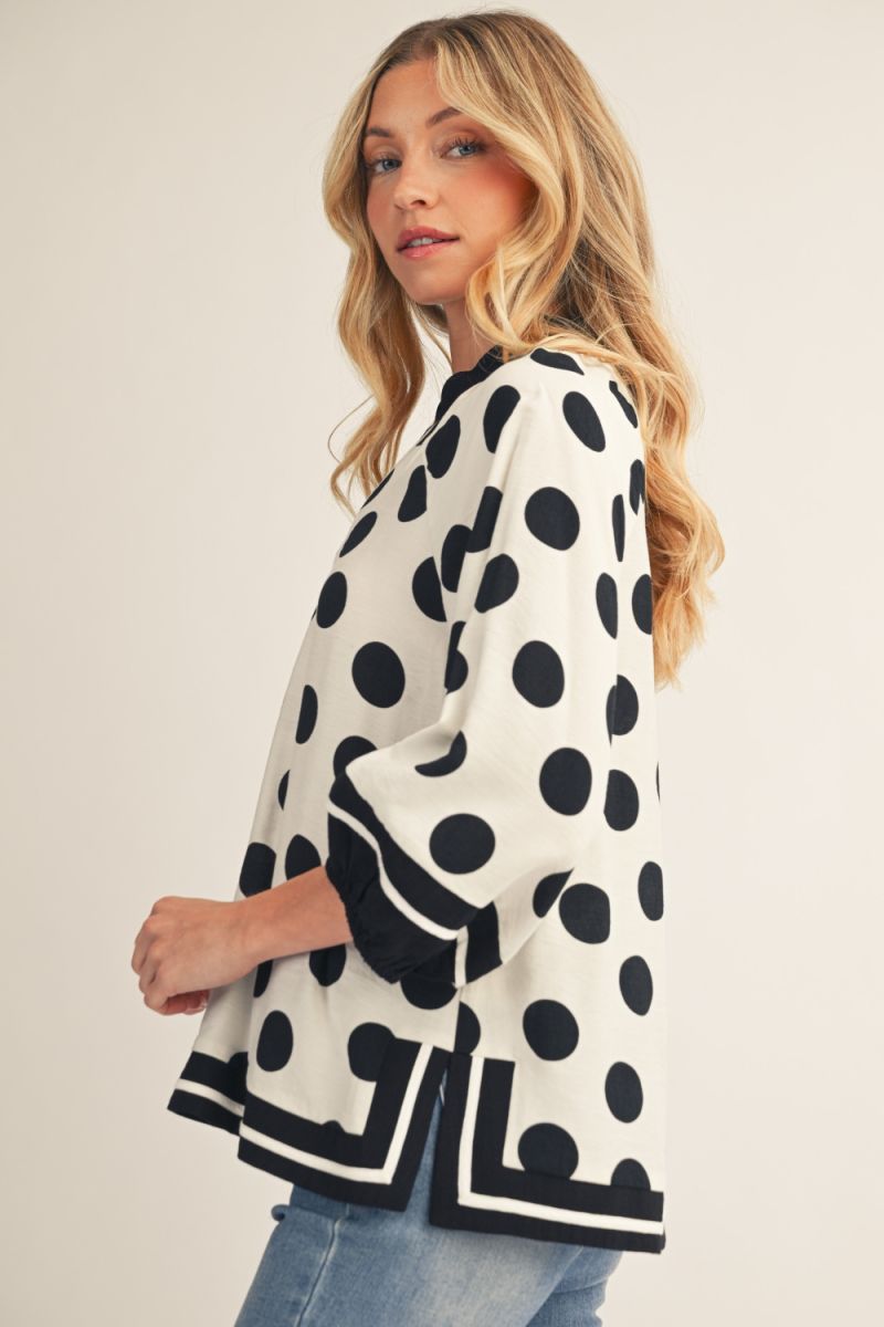 Bobby Polka Dot 3/4 Puff Sleeve Top – Notched V-Neck with Contrast Trim | Black/White