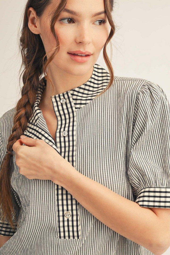 Jean Striped Gingham Button-Up Short Sleeve Top