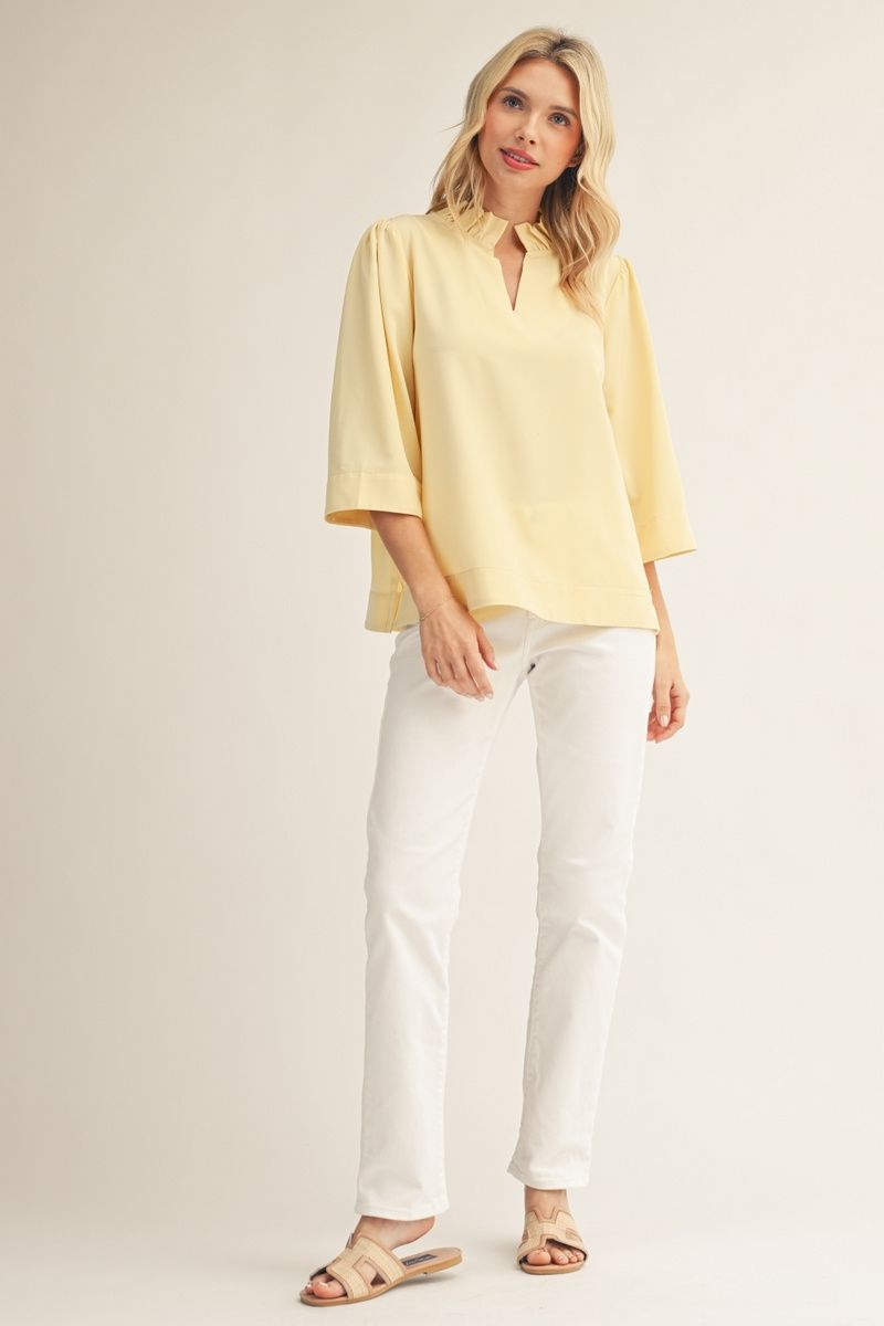 Maisy 3/4 Sleeve Top - Ruffled V-Neck Crinkle Blouse