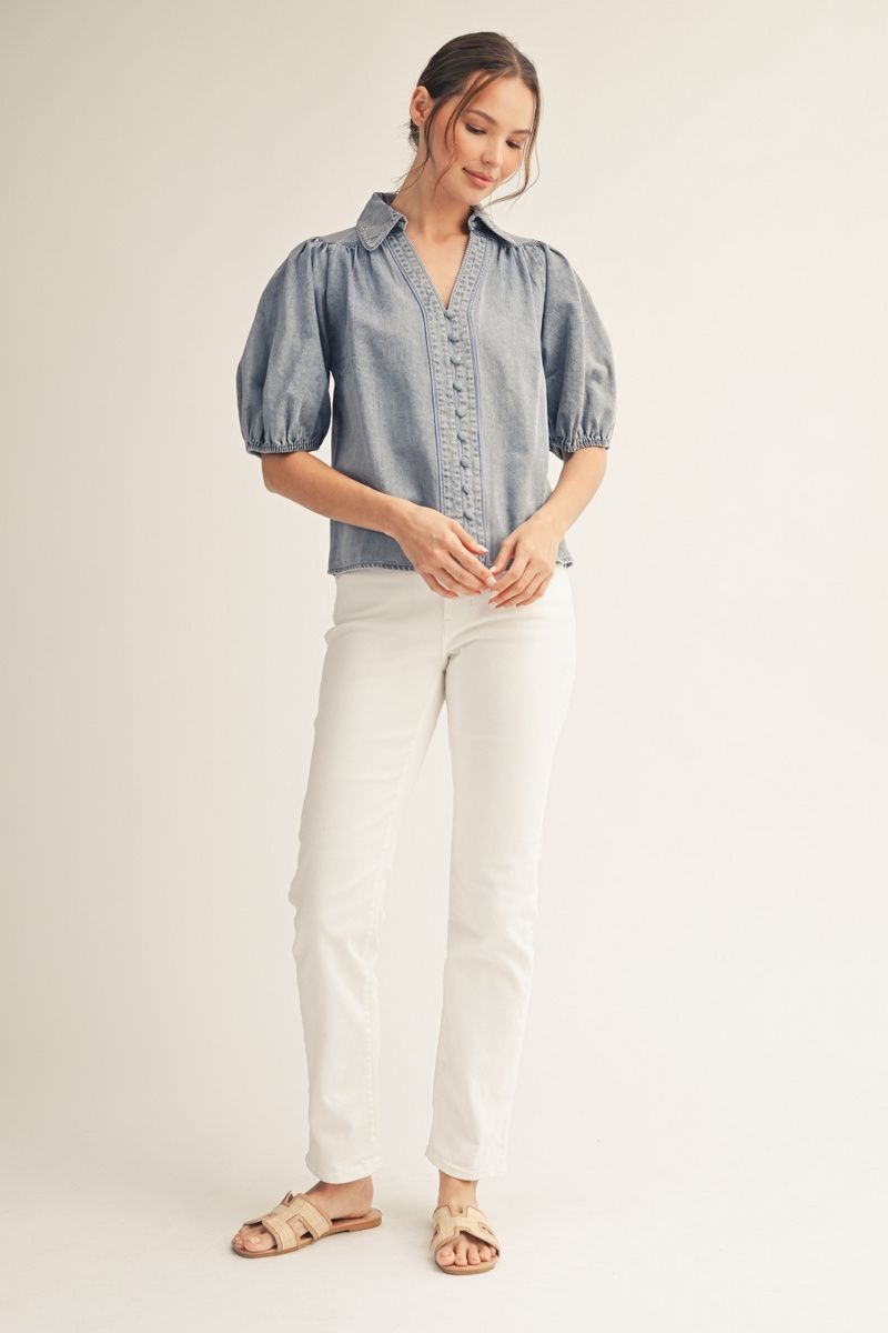 Tracy Short Puff Sleeve Denim Top
