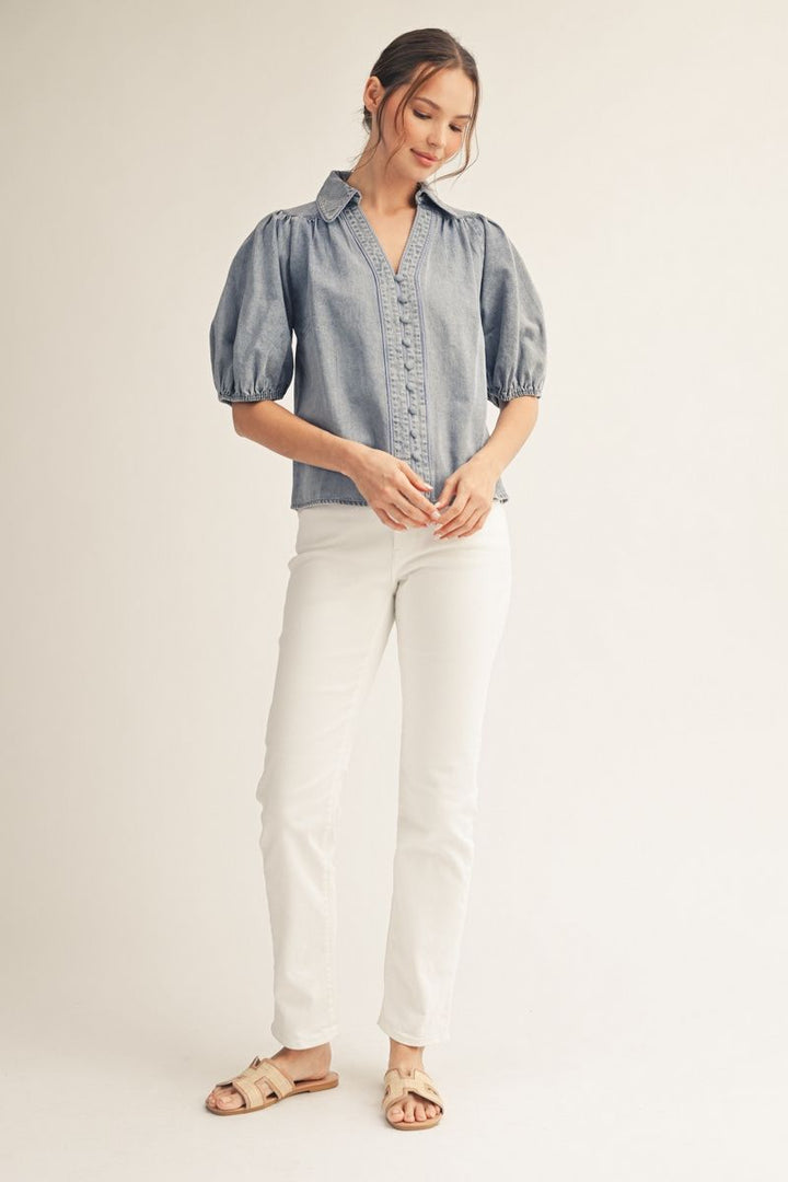 Tracy Short Puff Sleeve Denim Top