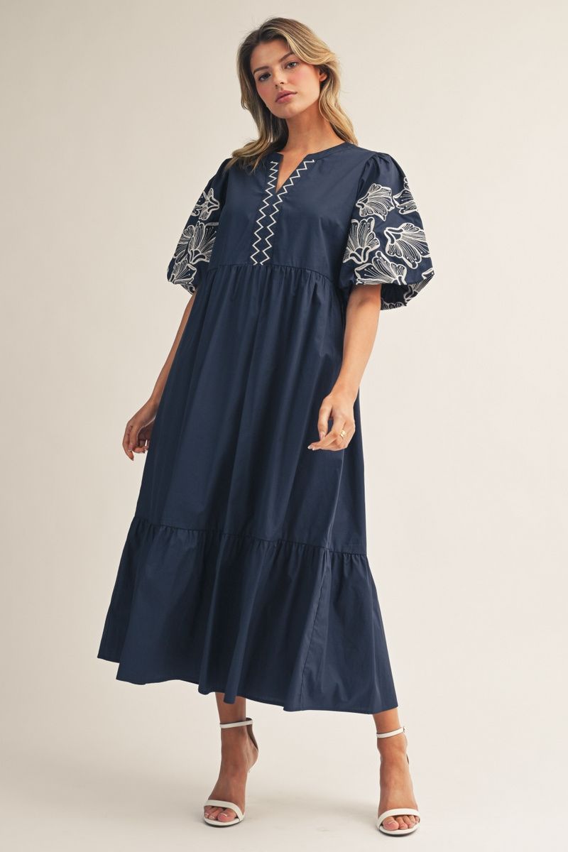Holly Embroidered Midi Dress - Women's Navy Puff Sleeve V-Neck Dress