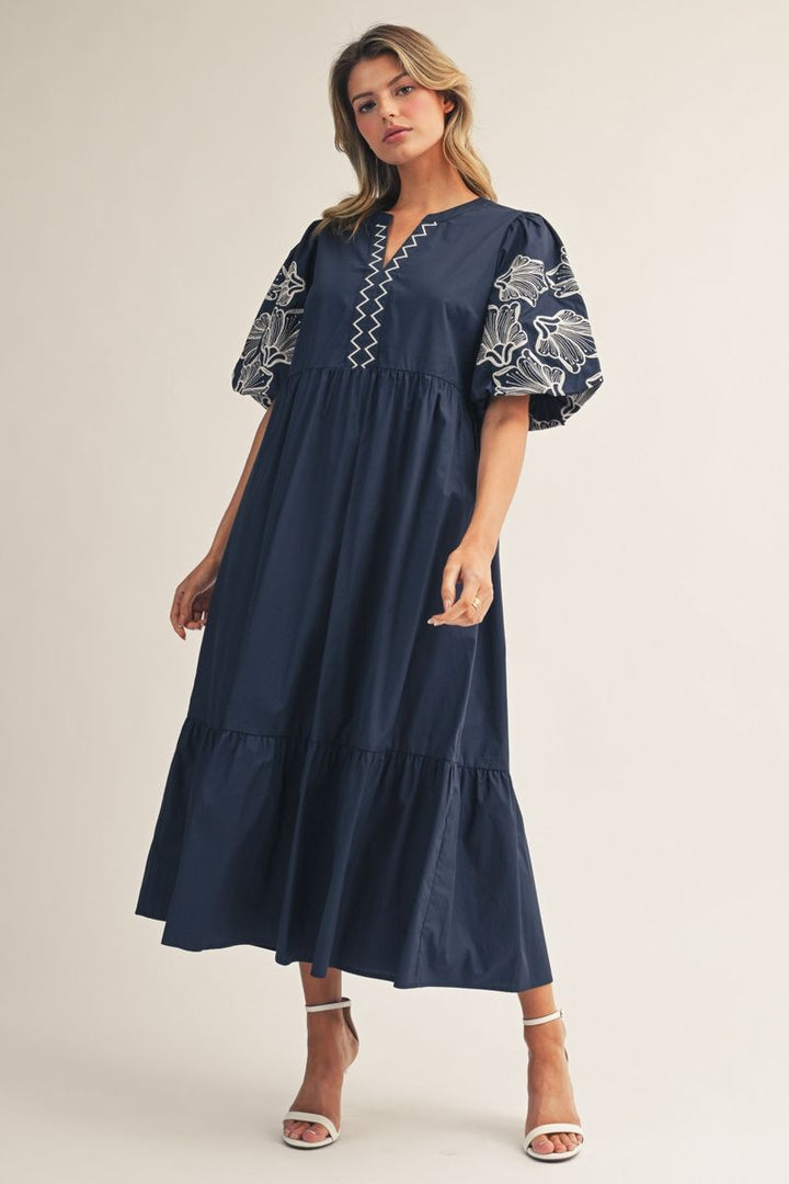 Holly Embroidered Midi Dress - Women's Navy Puff Sleeve V-Neck Dress