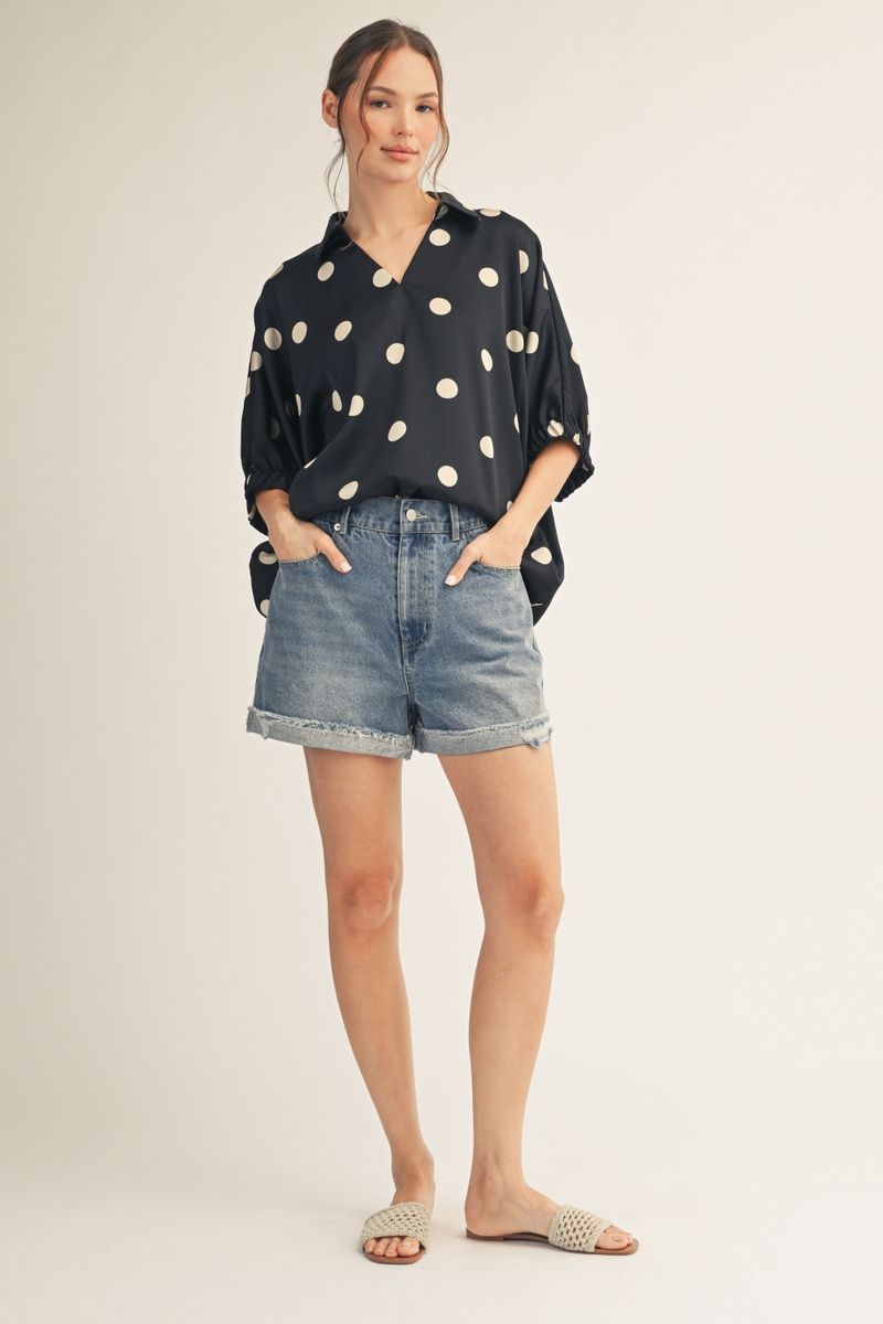 Faith Short Sleeve V-Neck Polka Dot Satin Top
