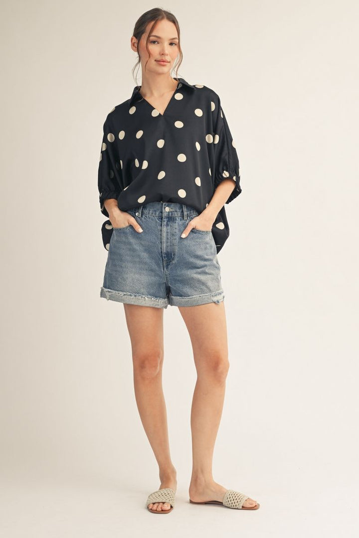 Faith Short Sleeve V-Neck Polka Dot Satin Top