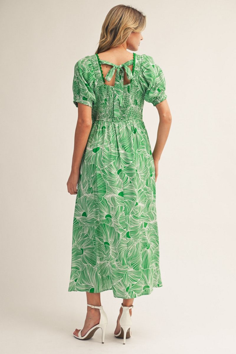 Ashley Short Puff Sleeve Midi Dress – Green & White Print Square Neck with Tie Back