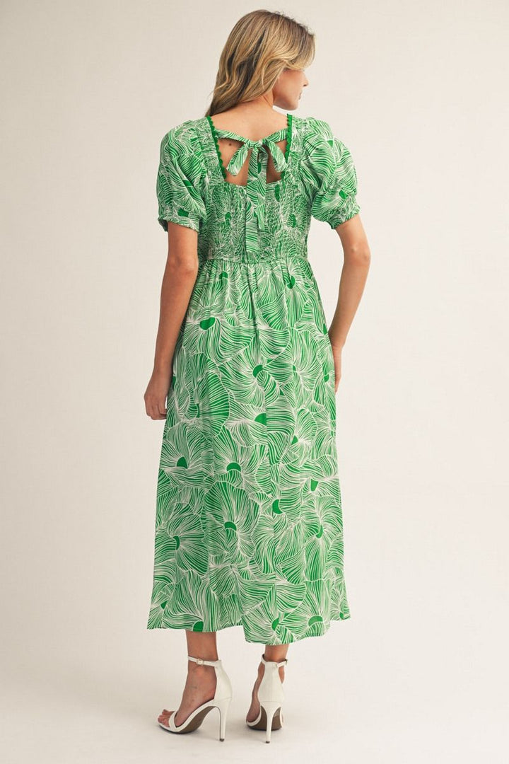 Ashley Short Puff Sleeve Midi Dress – Green & White Print Square Neck with Tie Back