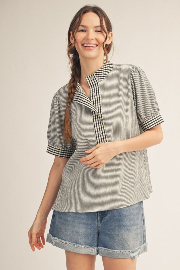 Jean Striped Gingham Button-Up Short Sleeve Top