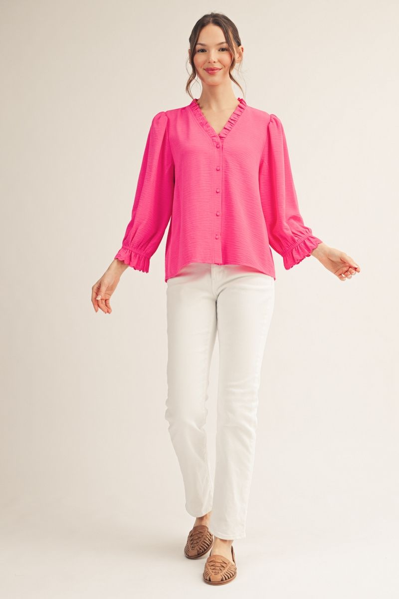 Julie 3/4 Puff Sleeve Button Down Top