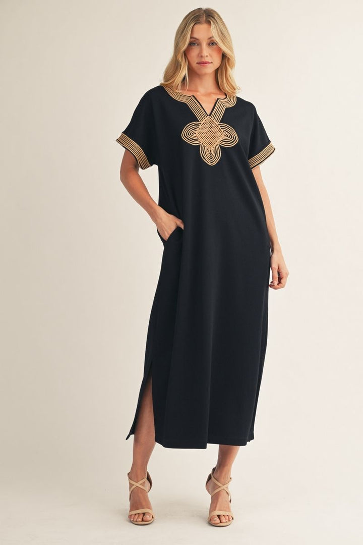 Leigh Short Sleeve Midi Dress – Drop Shoulder Embroidered V-Neck with Pockets