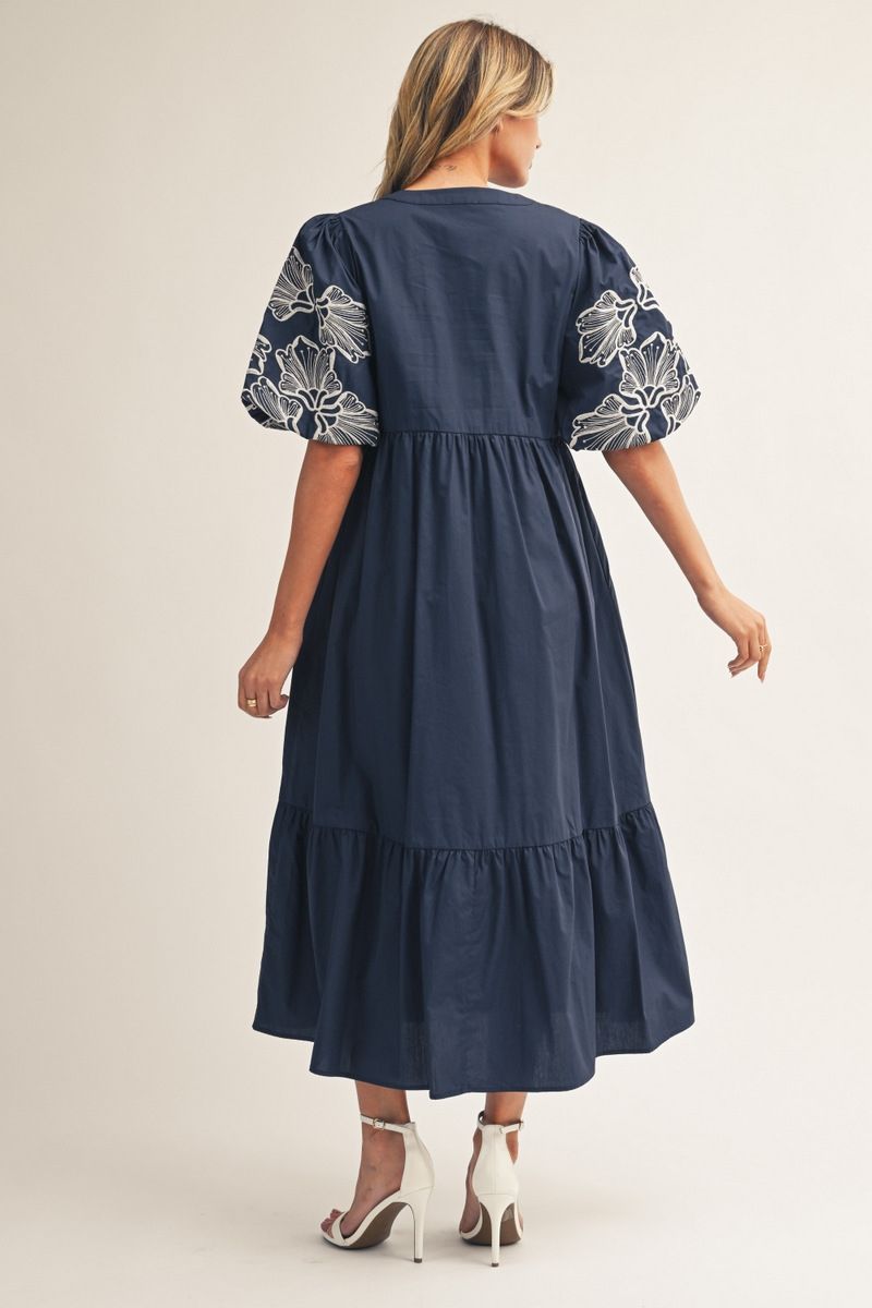 Holly Embroidered Midi Dress - Women's Navy Puff Sleeve V-Neck Dress
