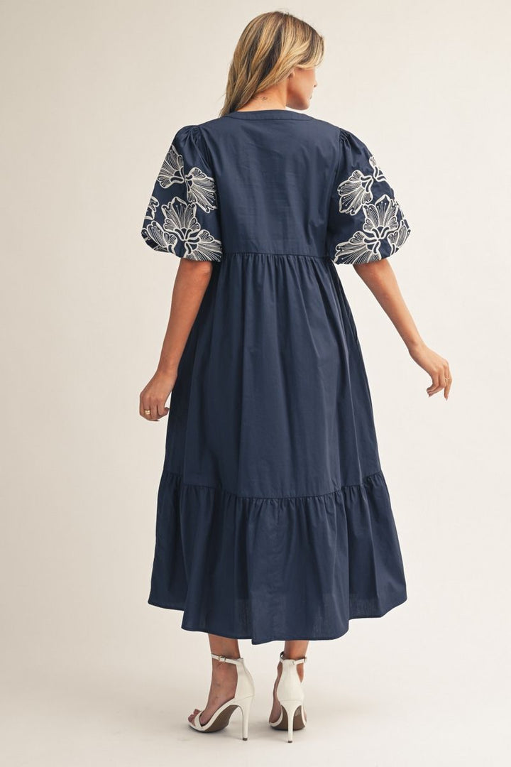 Holly Embroidered Midi Dress - Women's Navy Puff Sleeve V-Neck Dress