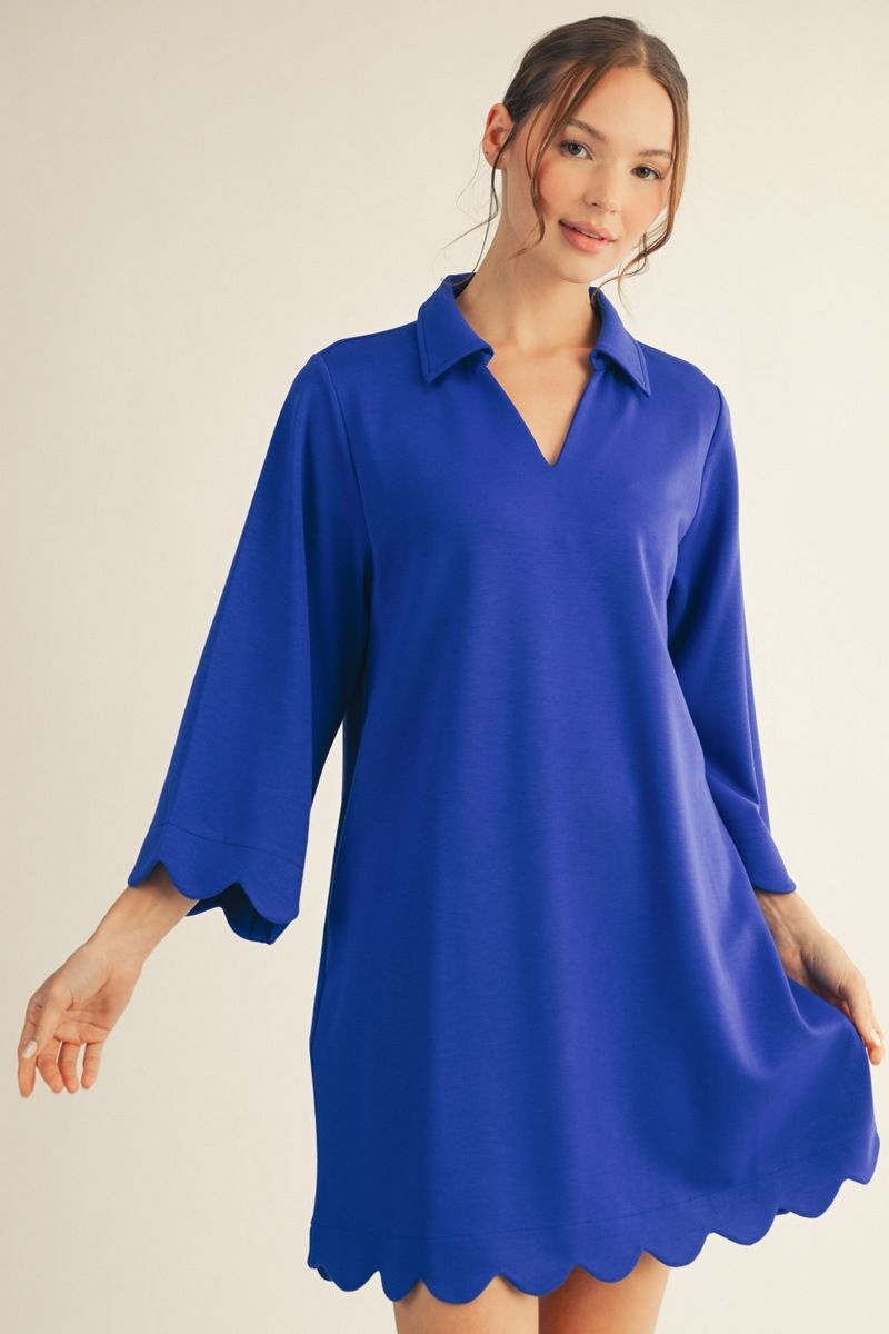 Lora Scallop Hem Shift Dress - Women's 3/4 Sleeve Dress with Pockets