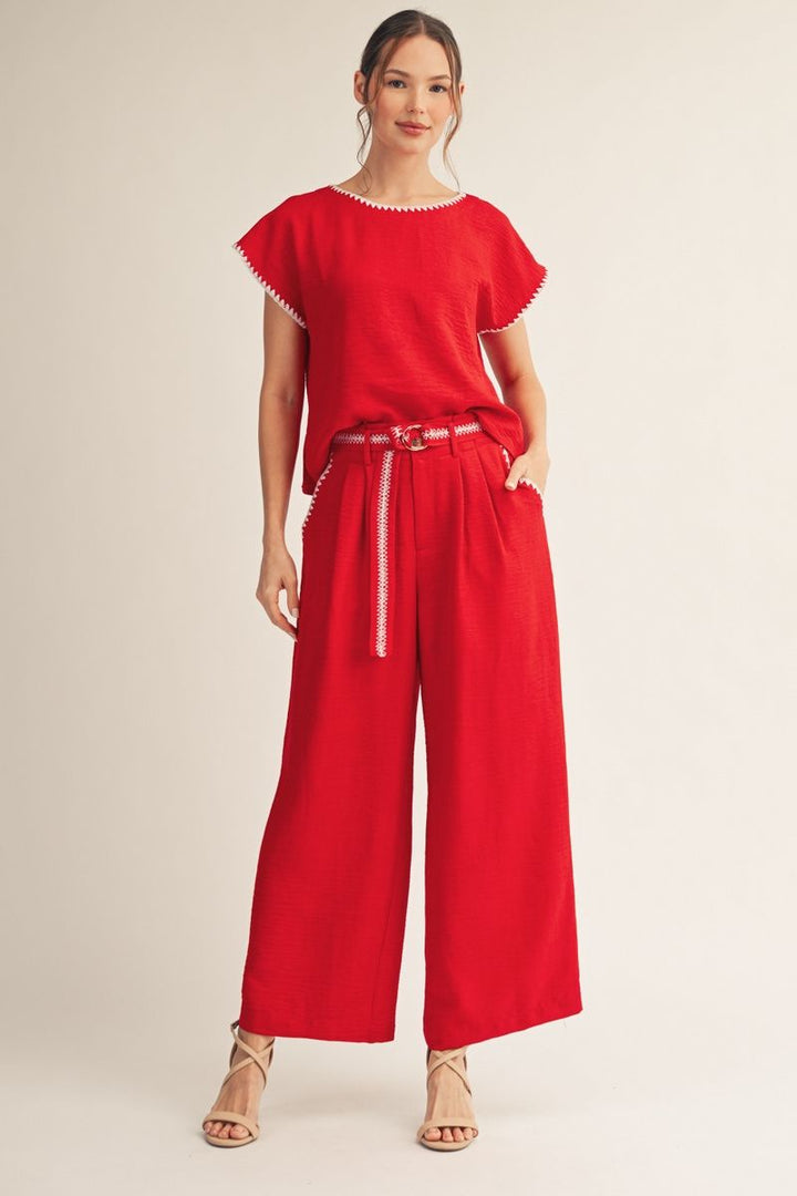 Lillian Short Sleeve Red Top | Drop Shoulder Crinkle Fabric with Scallop Embroidery
