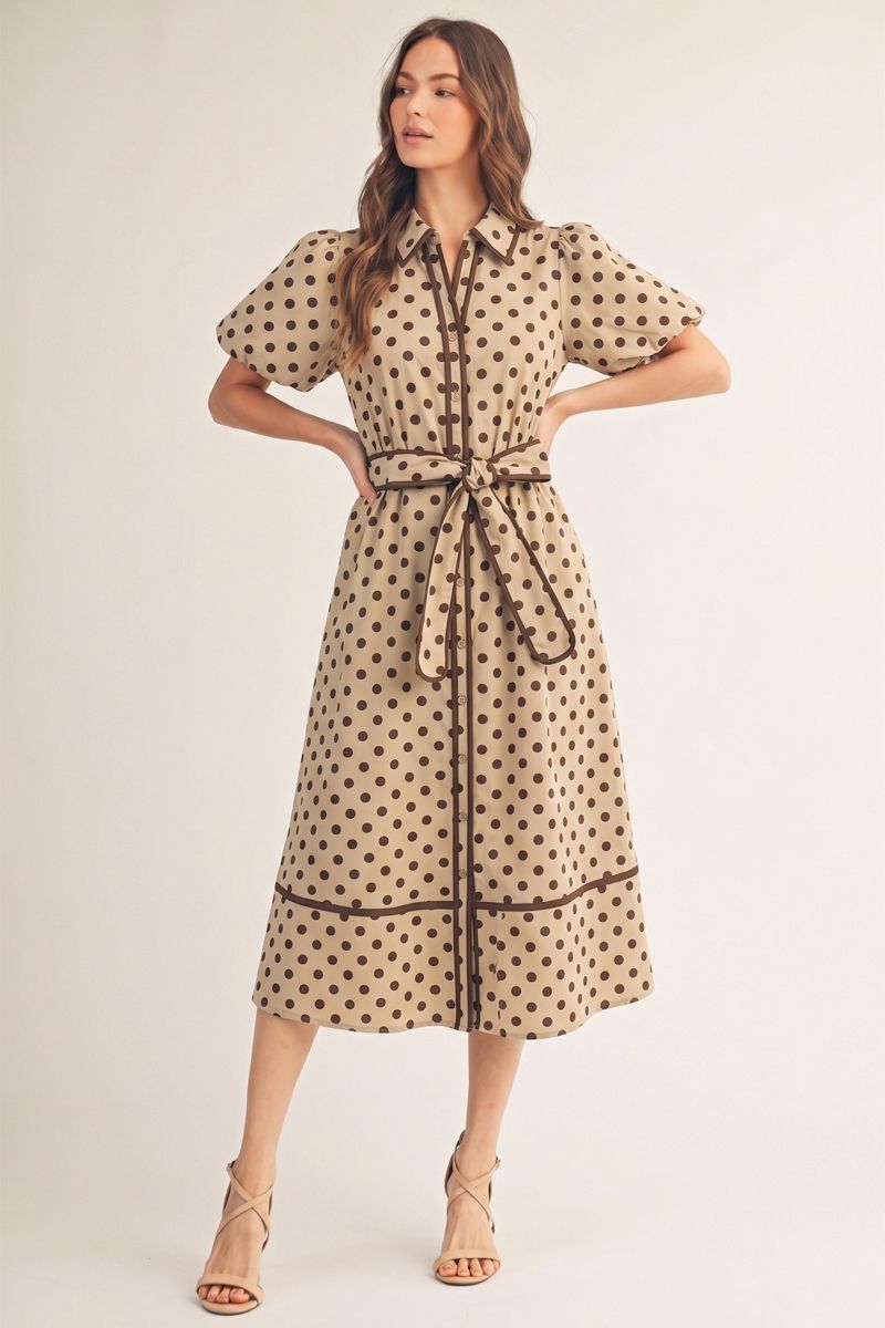 Polka Dot Puff Sleeve Midi Dress – Taupe & Brown