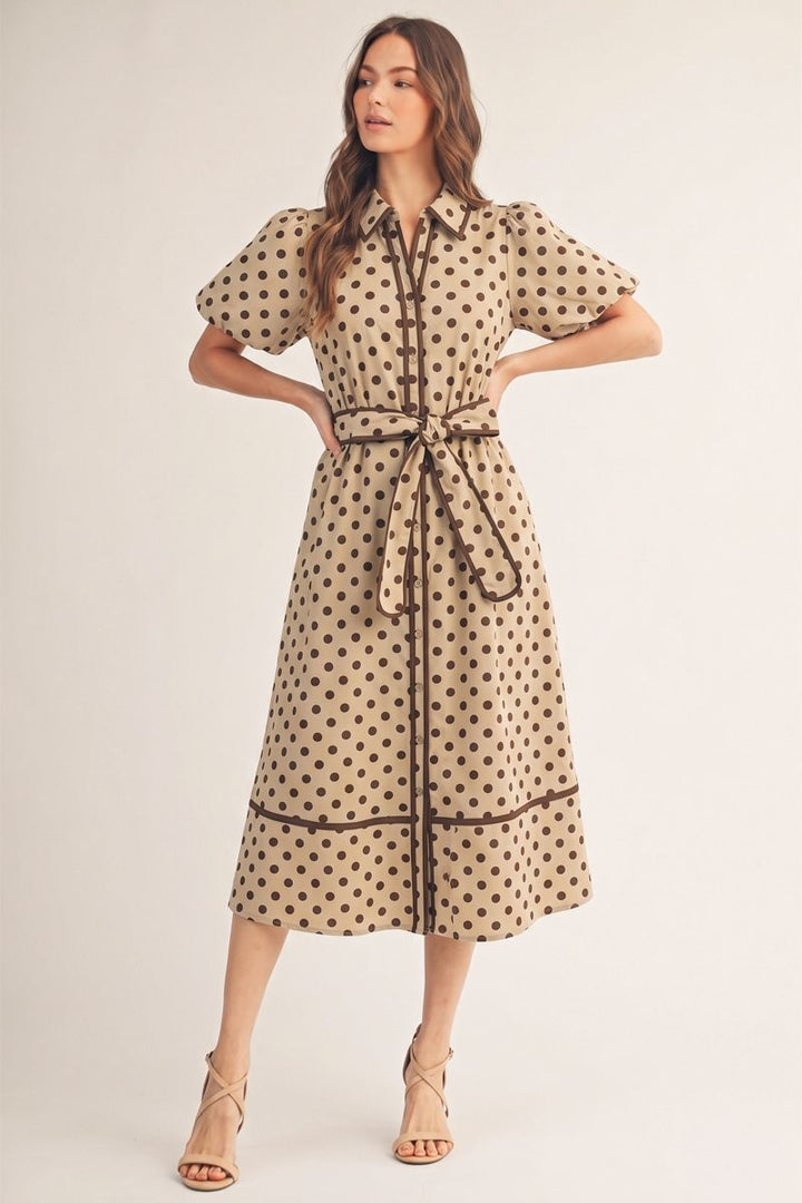 Polka Dot Puff Sleeve Midi Dress – Taupe & Brown