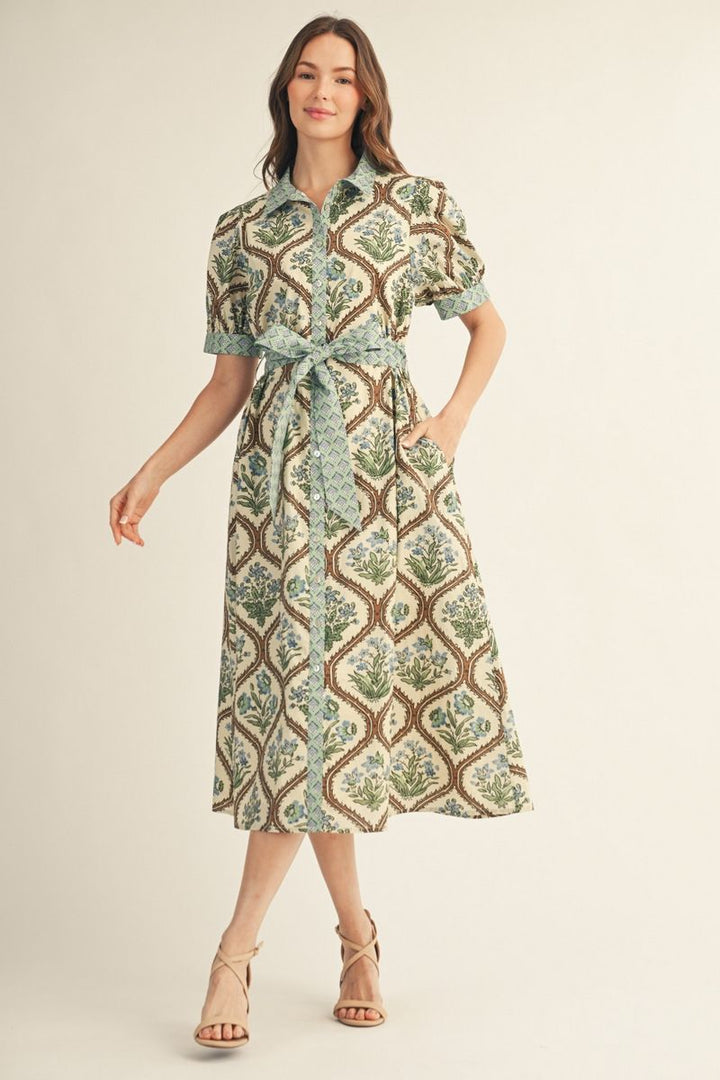 Floral Button Down Midi Dress with Waist Tie