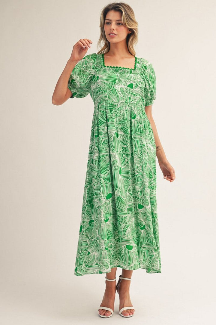 Ashley Short Puff Sleeve Midi Dress – Green & White Print Square Neck with Tie Back