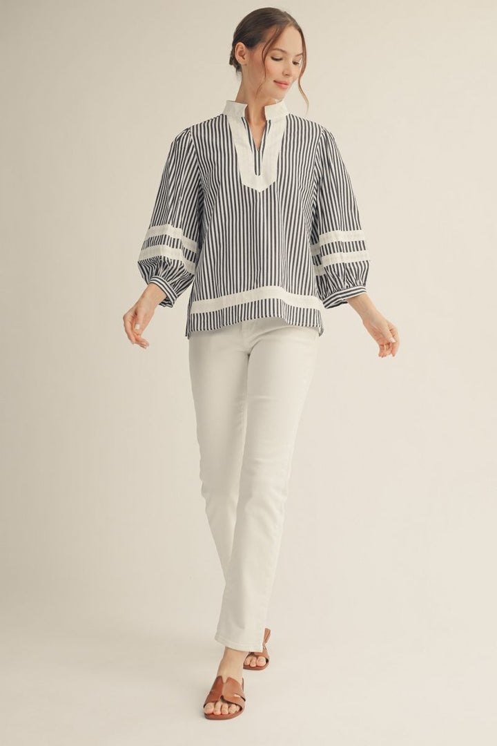 Sherry 3/4 Puff Sleeve Stripe Top | Black & White Cotton V-Neck Blouse