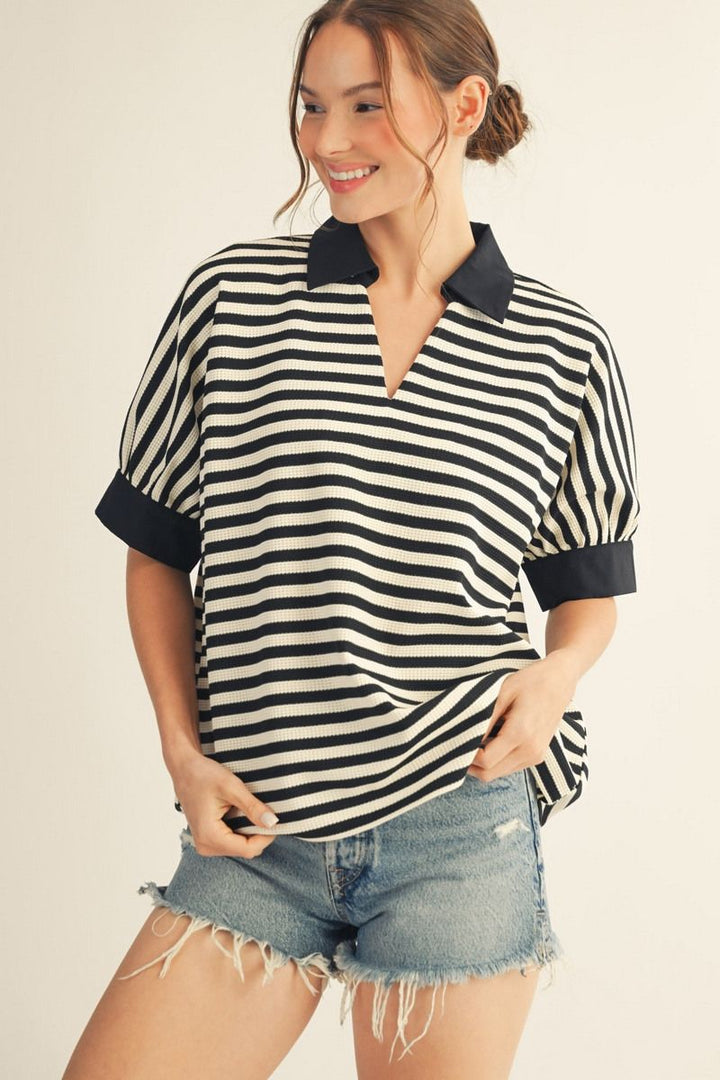 Sally V-Neck Short Sleeve Stripe Top