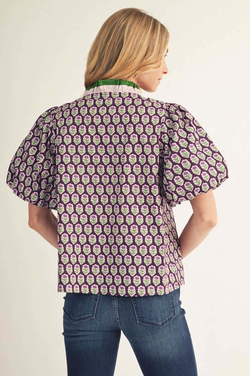 Barb Short Puff Sleeve Purple Floral Top
