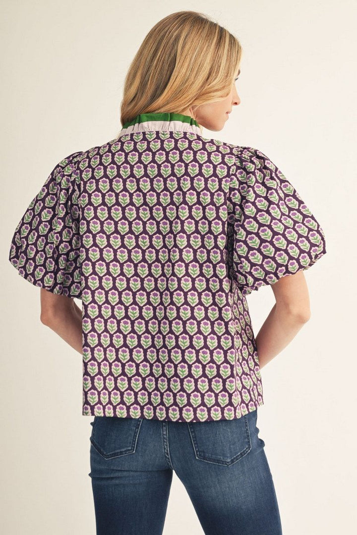 Barb Short Puff Sleeve Purple Floral Top