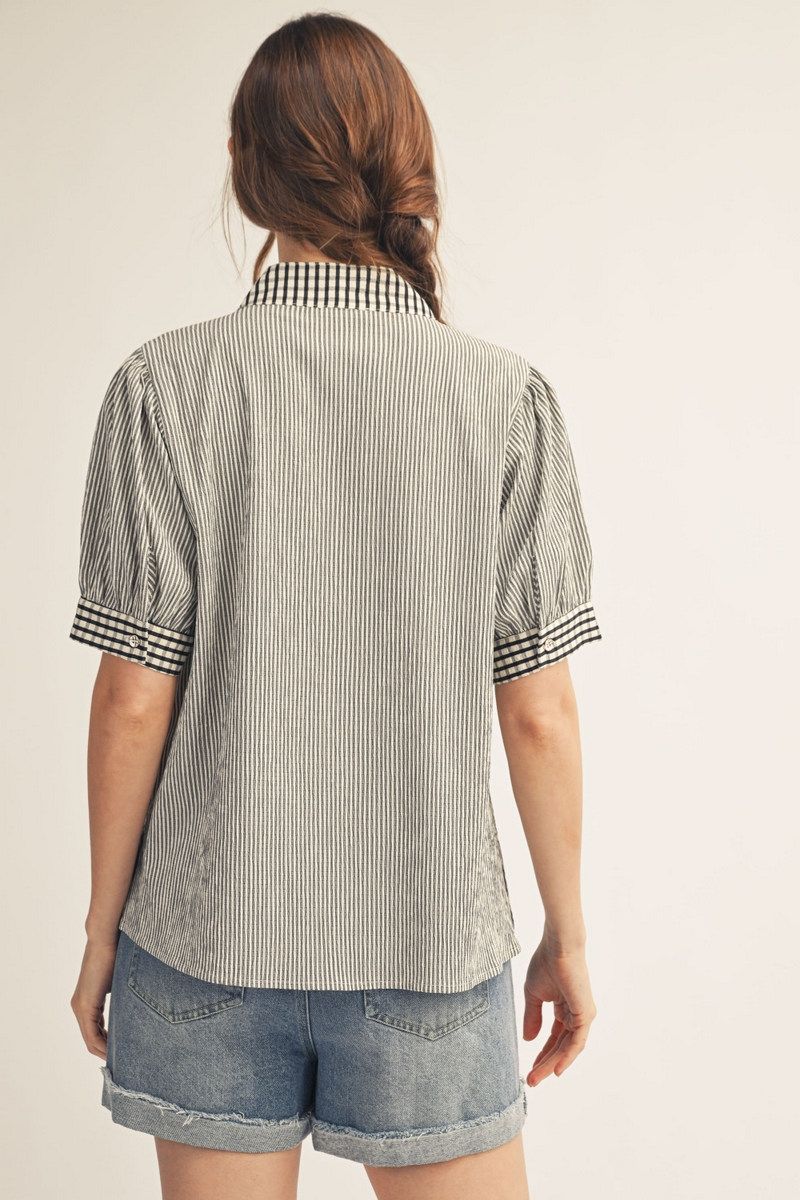Jean Striped Gingham Button-Up Short Sleeve Top