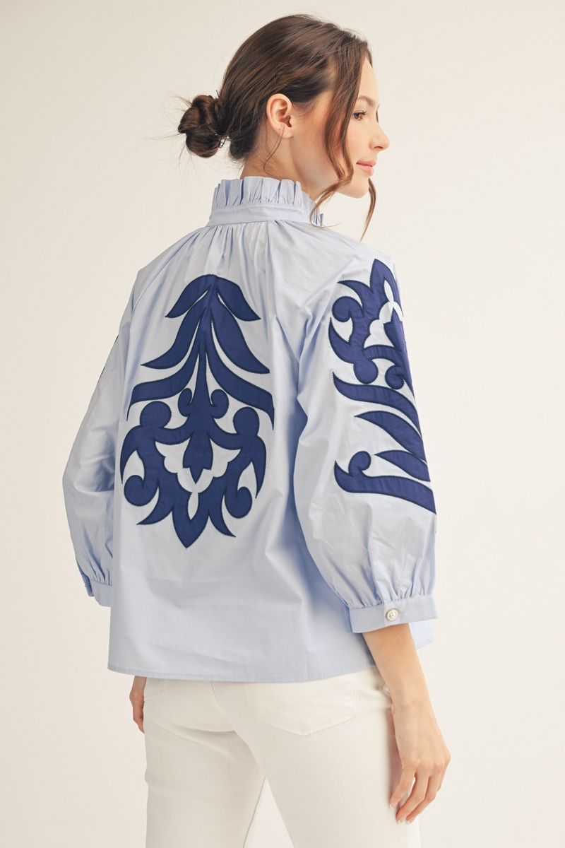Emma 3/4 Sleeve Baroque Appliqué Top – Light Blue