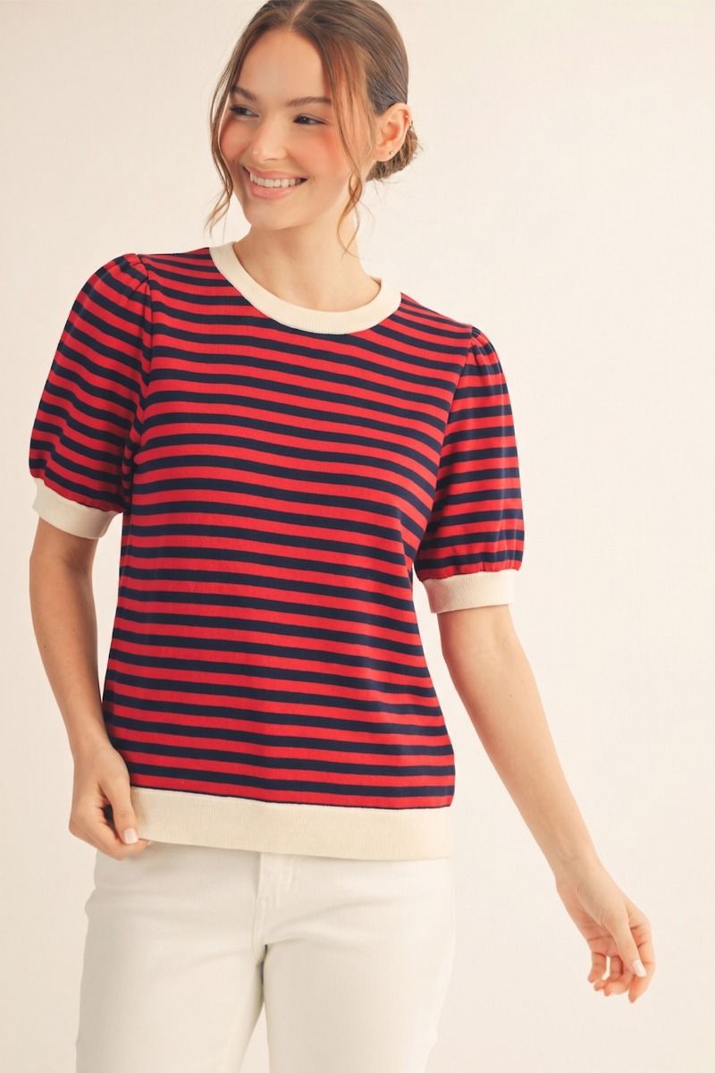 Caroline Stripe Short Puff Sleeve Top – French Terry with Contrast Binding