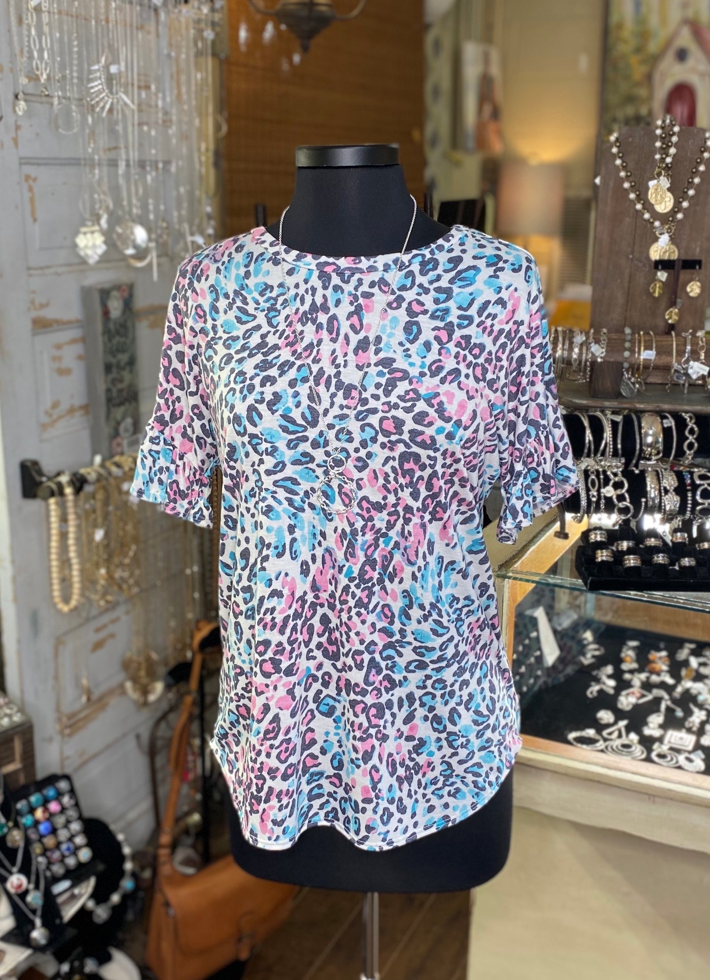 Pink & Blue Leopard Print Ruffle Sleeve Top
